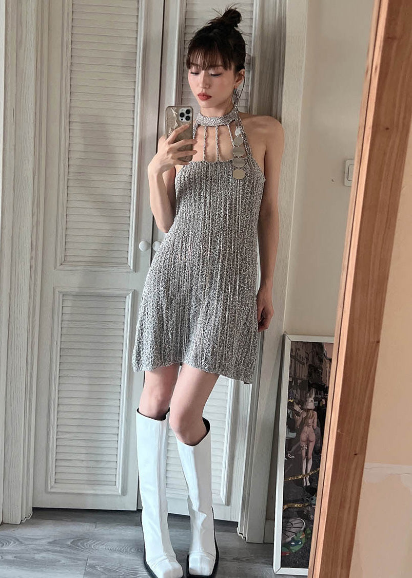 Fashion Grey Cold Shoulder Slim Fit Knit Mid Dress Summer Ada Fashion