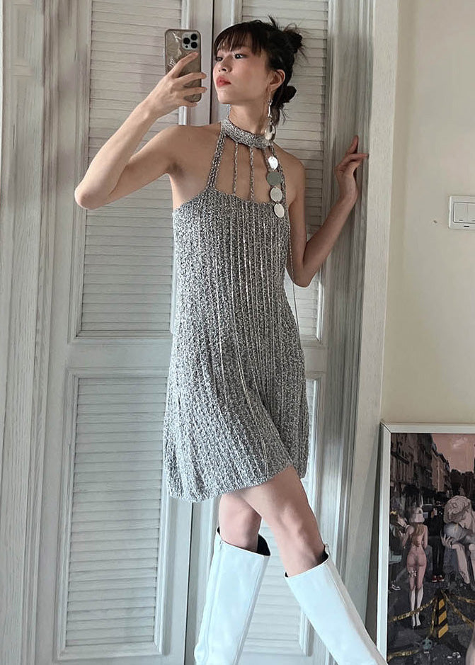 Fashion Grey Cold Shoulder Slim Fit Knit Mid Dress Summer Ada Fashion