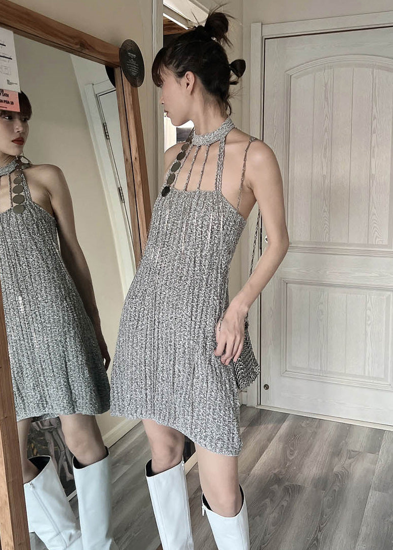 Fashion Grey Cold Shoulder Slim Fit Knit Mid Dress Summer Ada Fashion