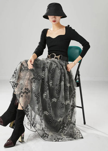 Fashion Grey Embroideried Exra Large Hem Tulle Skirts Fall Ada Fashion