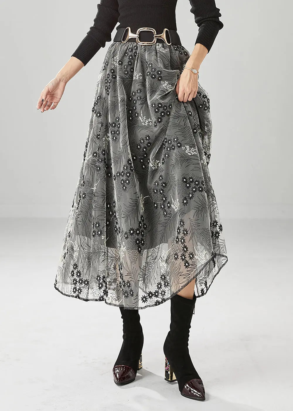 Fashion Grey Embroideried Exra Large Hem Tulle Skirts Fall Ada Fashion