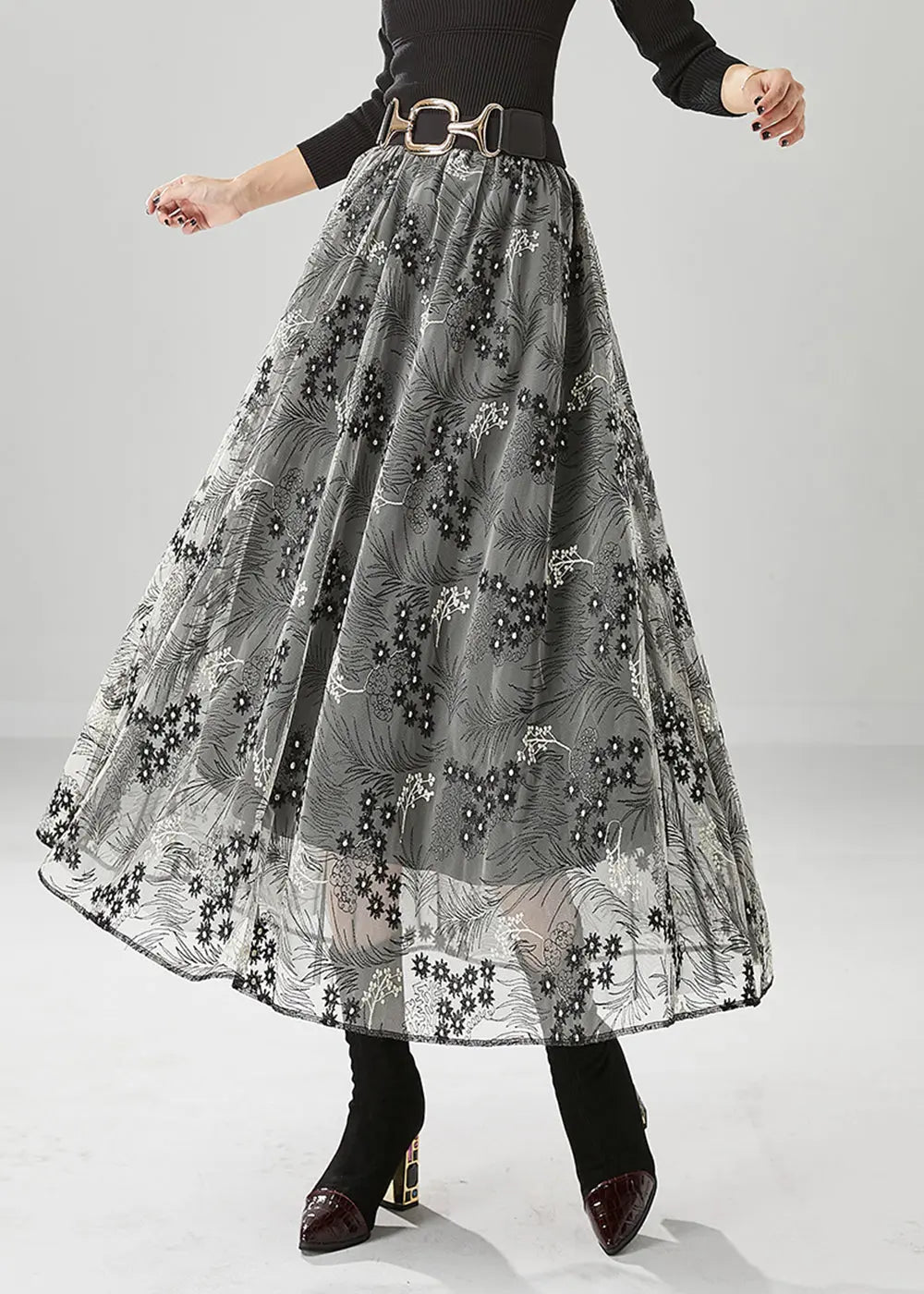 Fashion Grey Embroideried Exra Large Hem Tulle Skirts Fall Ada Fashion