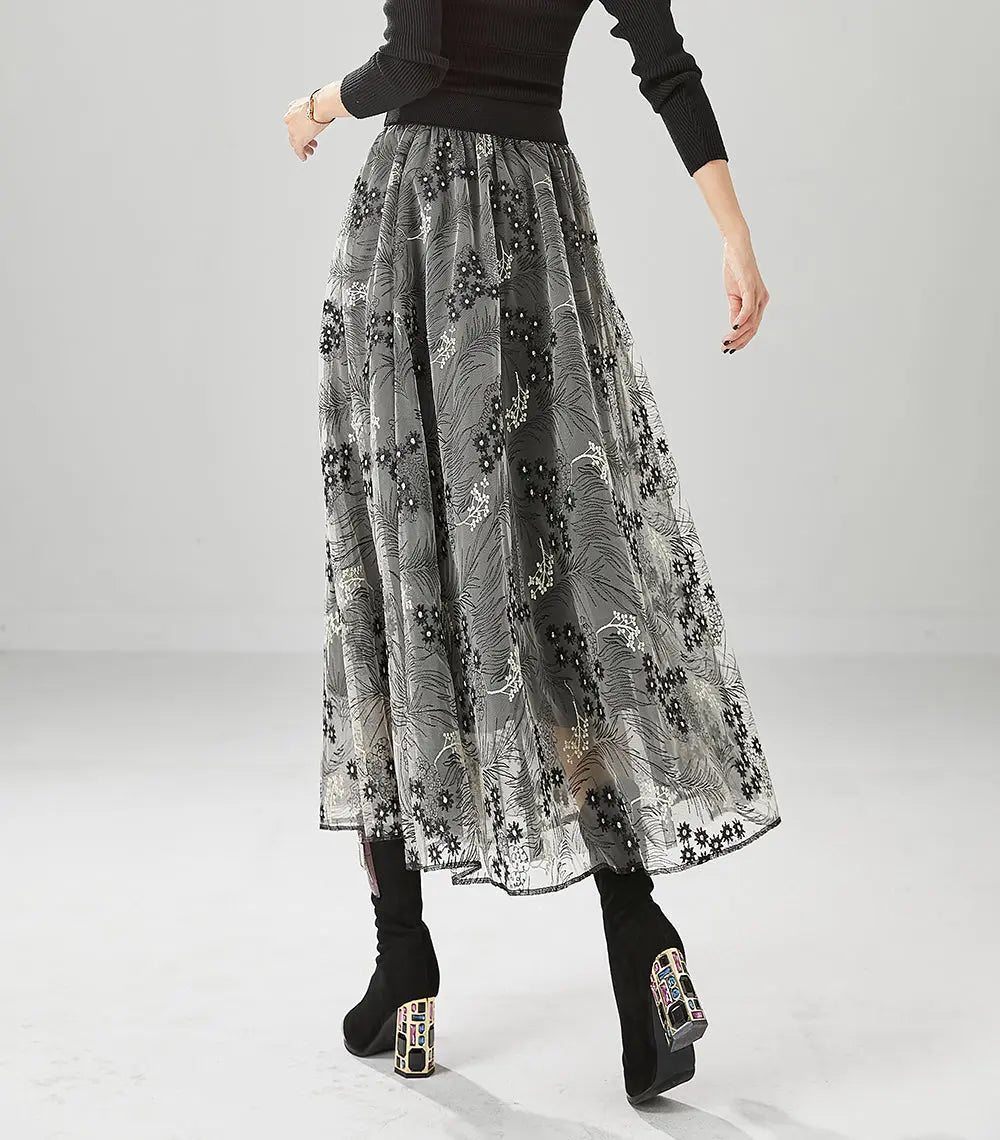 Fashion Grey Embroideried Exra Large Hem Tulle Skirts Fall Ada Fashion