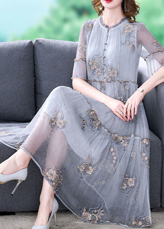 Fashion Grey Embroideried Ruffled Exra Large Hem Silk Holiday Dress Summer LY0517