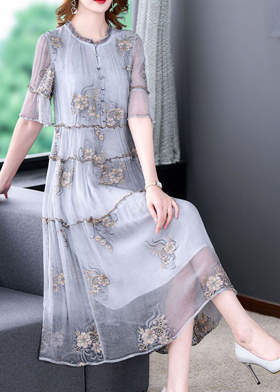 Fashion Grey Embroideried Ruffled Exra Large Hem Silk Holiday Dress Summer LY0517 - fabuloryshop