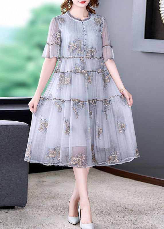 Fashion Grey Embroideried Ruffled Exra Large Hem Silk Holiday Dress Summer LY0517 - fabuloryshop