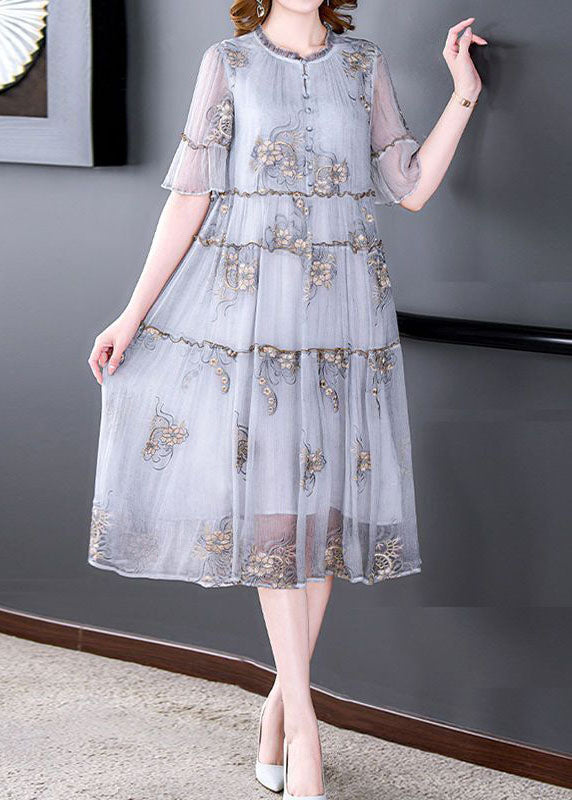 Fashion Grey Embroideried Ruffled Exra Large Hem Silk Holiday Dress Summer LY0517 - fabuloryshop