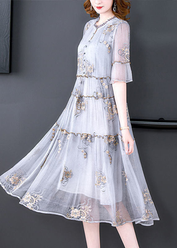 Fashion Grey Embroideried Ruffled Exra Large Hem Silk Holiday Dress Summer LY0517