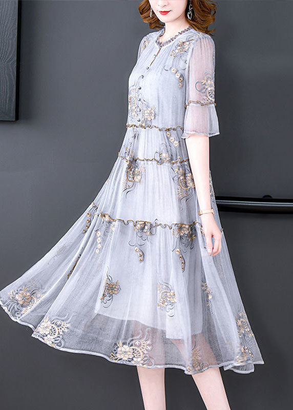 Fashion Grey Embroideried Ruffled Exra Large Hem Silk Holiday Dress Summer LY0517 - fabuloryshop