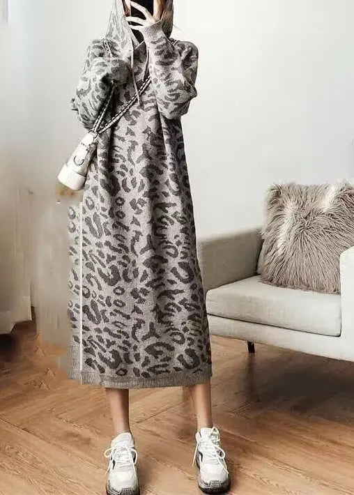 Fashion Grey Leopard Cozy Hoodie Knit Sweater Dress Fall Ada Fashion