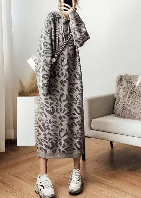 Fashion Grey Leopard Cozy Hoodie Knit Sweater Dress Fall Ada Fashion