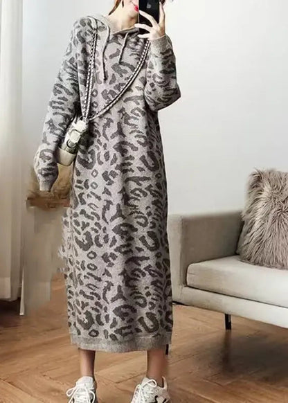 Fashion Grey Leopard Cozy Hoodie Knit Sweater Dress Fall Ada Fashion