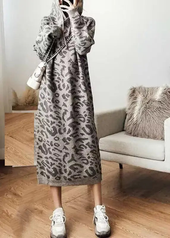 Fashion Grey Leopard Cozy Hoodie Knit Sweater Dress Fall Ada Fashion