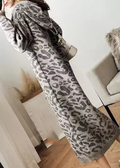 Fashion Grey Leopard Cozy Hoodie Knit Sweater Dress Fall Ada Fashion