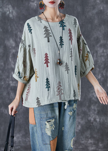 Fashion Grey Print Drawstring Cotton Top Lantern Sleeve TD1025 - fabuloryshop