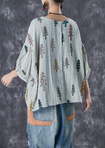 Fashion Grey Print Drawstring Cotton Top Lantern Sleeve TD1025 - fabuloryshop