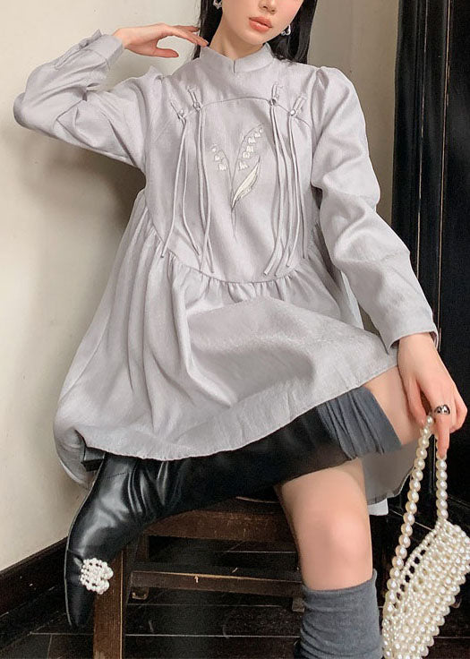 Fashion Grey Stand Collar Tasseled Embroideried Patchwork Silk Dress Spring LY0787 - fabuloryshop