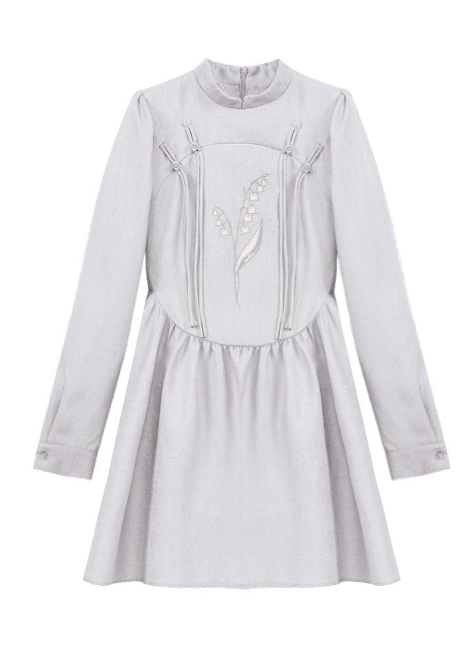 Fashion Grey Stand Collar Tasseled Embroideried Patchwork Silk Dress Spring LY0787 - fabuloryshop