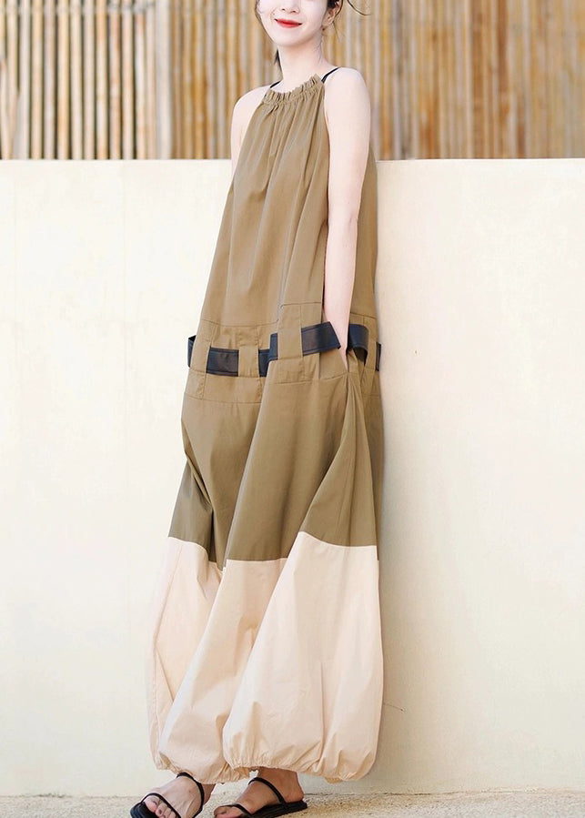 Fashion Khaki Ruffled Pockets Patchwork Cotton Long Dresses Sleeveless Ada Fashion