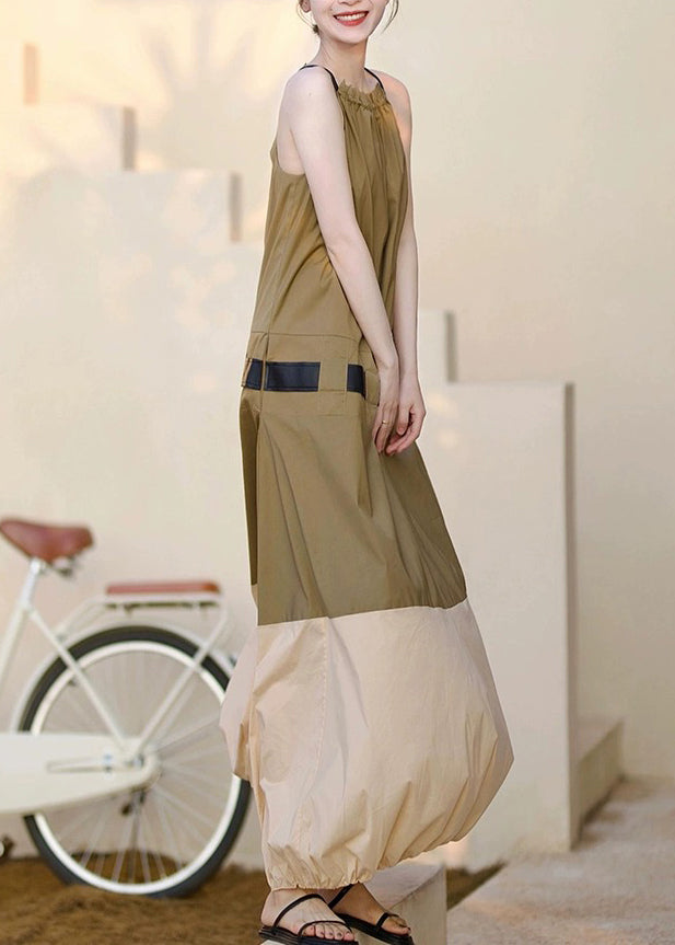 Fashion Khaki Ruffled Pockets Patchwork Cotton Long Dresses Sleeveless Ada Fashion