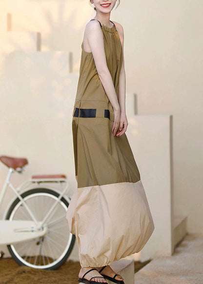 Fashion Khaki Ruffled Pockets Patchwork Cotton Long Dresses Sleeveless Ada Fashion