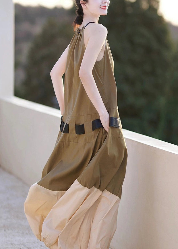 Fashion Khaki Ruffled Pockets Patchwork Cotton Long Dresses Sleeveless Ada Fashion