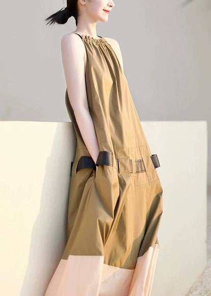 Fashion Khaki Ruffled Pockets Patchwork Cotton Long Dresses Sleeveless Ada Fashion