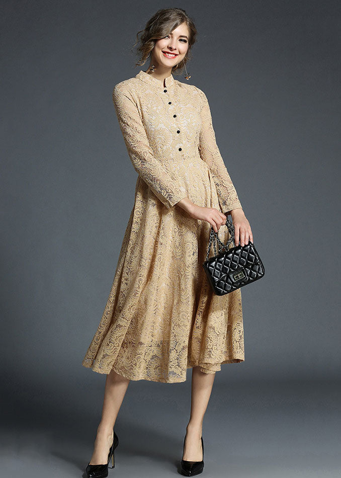 Fashion Khaki Stand Collar Hollow Out Embroideried Lace Dresses Long Sleeve LY7408 - fabuloryshop