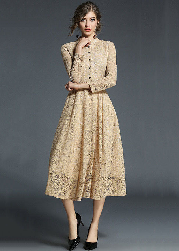 Fashion Khaki Stand Collar Hollow Out Embroideried Lace Dresses Long Sleeve LY7408 - fabuloryshop