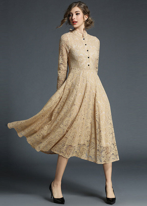 Fashion Khaki Stand Collar Hollow Out Embroideried Lace Dresses Long Sleeve LY7408 - fabuloryshop