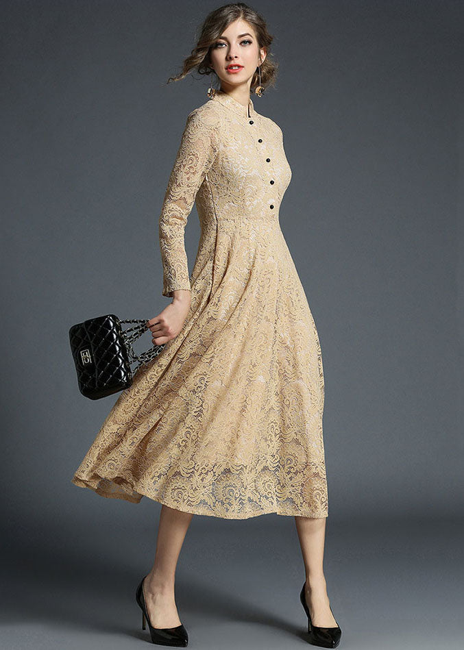 Fashion Khaki Stand Collar Hollow Out Embroideried Lace Dresses Long Sleeve LY7408 - fabuloryshop