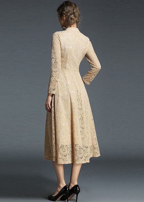 Fashion Khaki Stand Collar Hollow Out Embroideried Lace Dresses Long Sleeve LY7408 - fabuloryshop