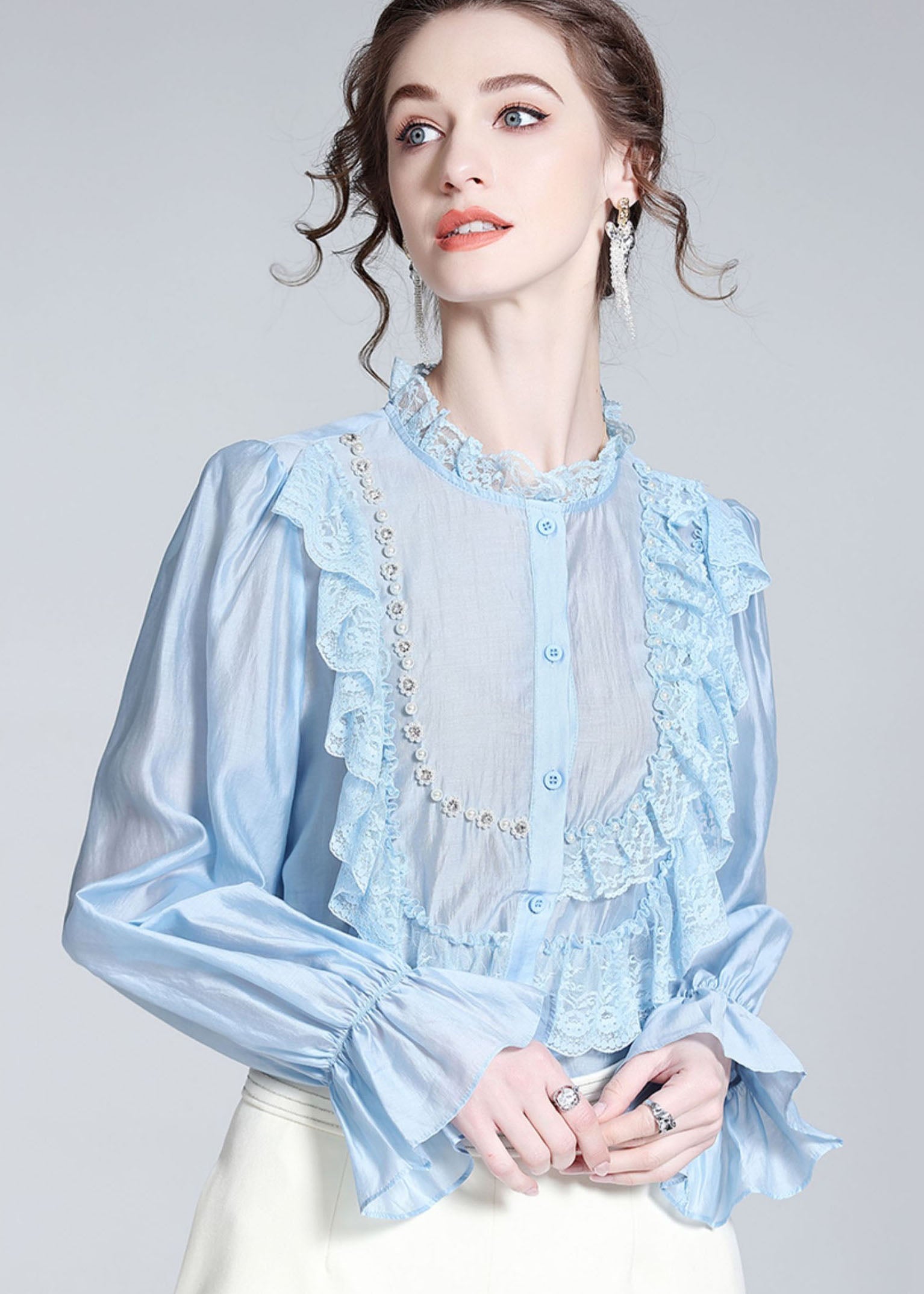 Fashion Light Blue Lace Ruffled Nail bead Patchwork Silk Shirt Spring LY0111 - fabuloryshop