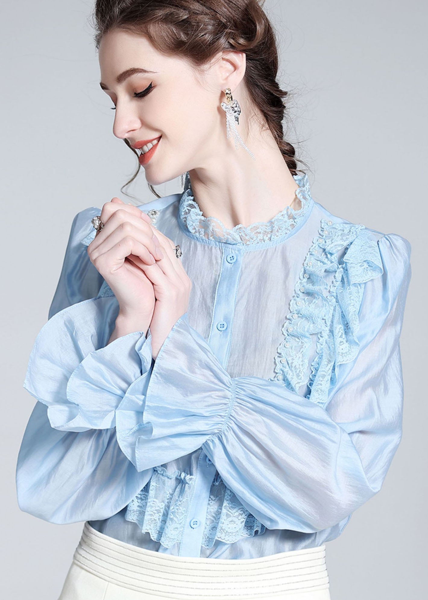 Fashion Light Blue Lace Ruffled Nail bead Patchwork Silk Shirt Spring LY0111 - fabuloryshop