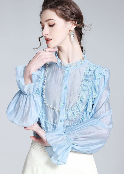 Fashion Light Blue Lace Ruffled Nail bead Patchwork Silk Shirt Spring LY0111 - fabuloryshop