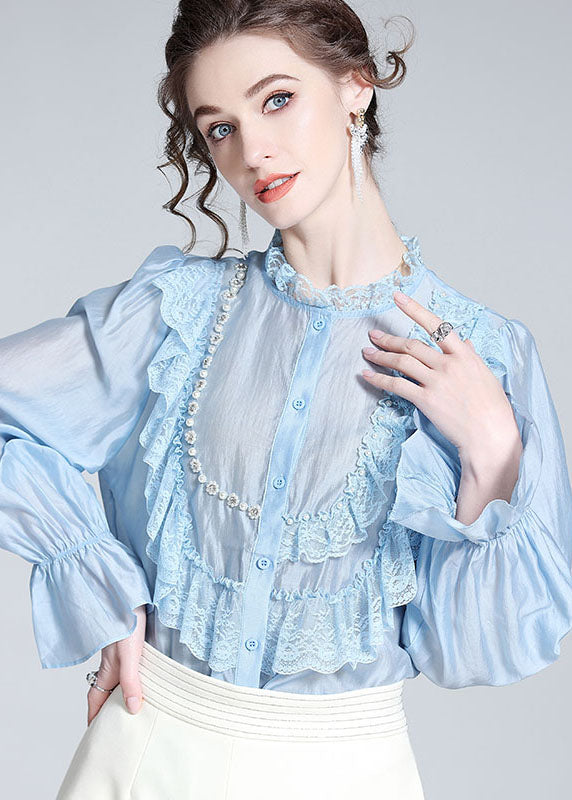 Fashion Light Blue Lace Ruffled Nail bead Patchwork Silk Shirt Spring LY0111 - fabuloryshop