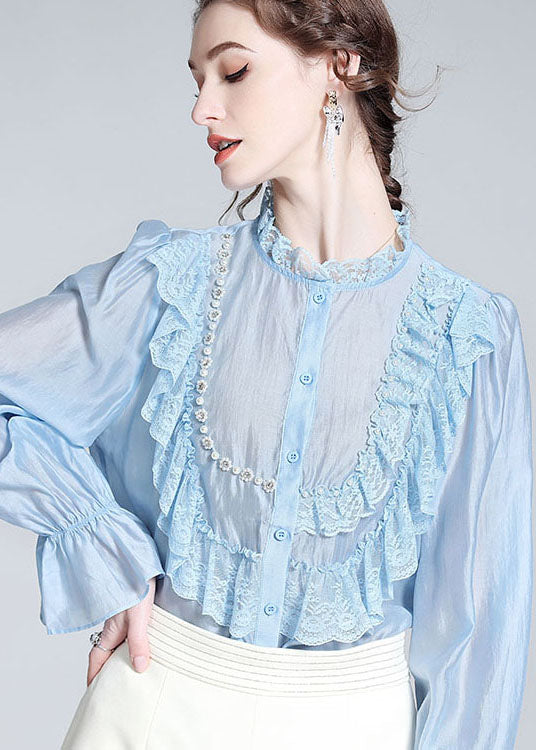 Fashion Light Blue Lace Ruffled Nail bead Patchwork Silk Shirt Spring LY0111 - fabuloryshop