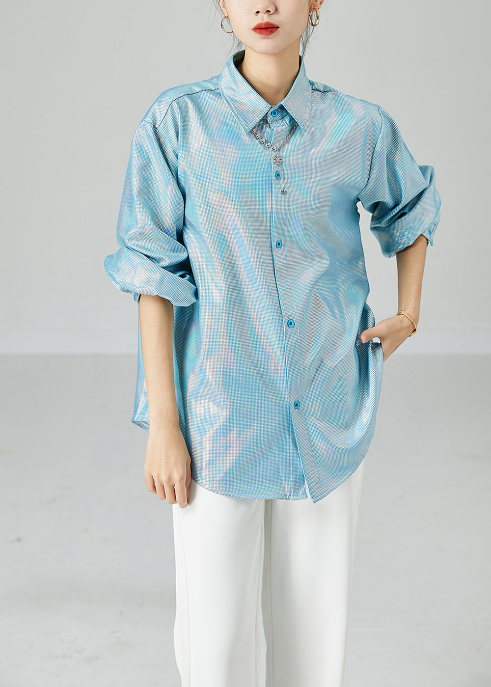Fashion Light Blue Peter Pan Collar Oversized Plaid Shirts Spring LY2452 - fabuloryshop