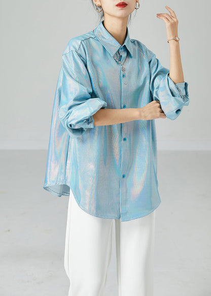 Fashion Light Blue Peter Pan Collar Oversized Plaid Shirts Spring LY2452 - fabuloryshop