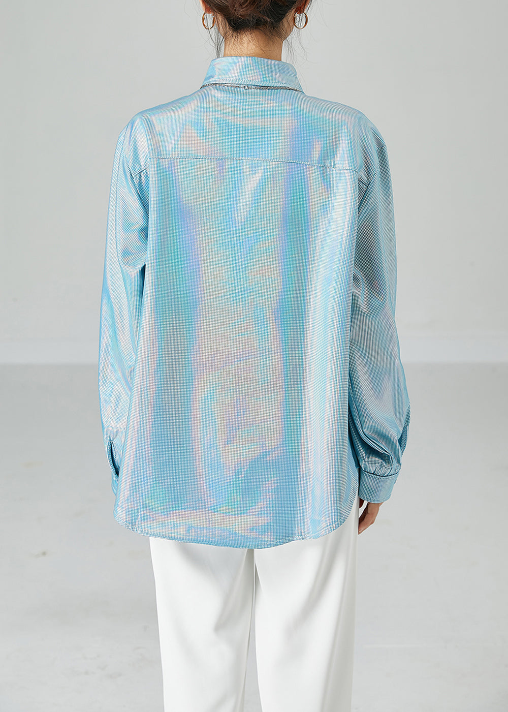 Fashion Light Blue Peter Pan Collar Oversized Plaid Shirts Spring LY2452 - fabuloryshop