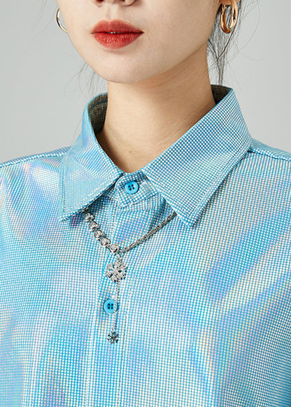 Fashion Light Blue Peter Pan Collar Oversized Plaid Shirts Spring LY2452 - fabuloryshop