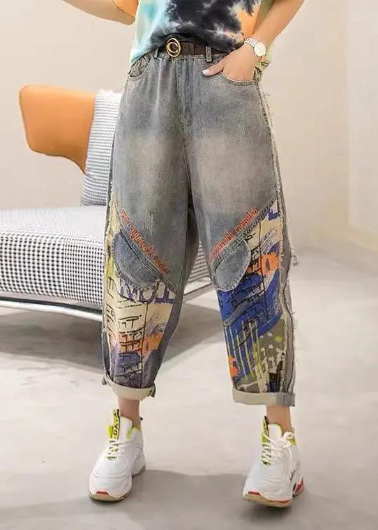 Fashion Light Blue Print Patchwork Sashes High Waist Crop Jeans Summer TY1091 - fabuloryshop