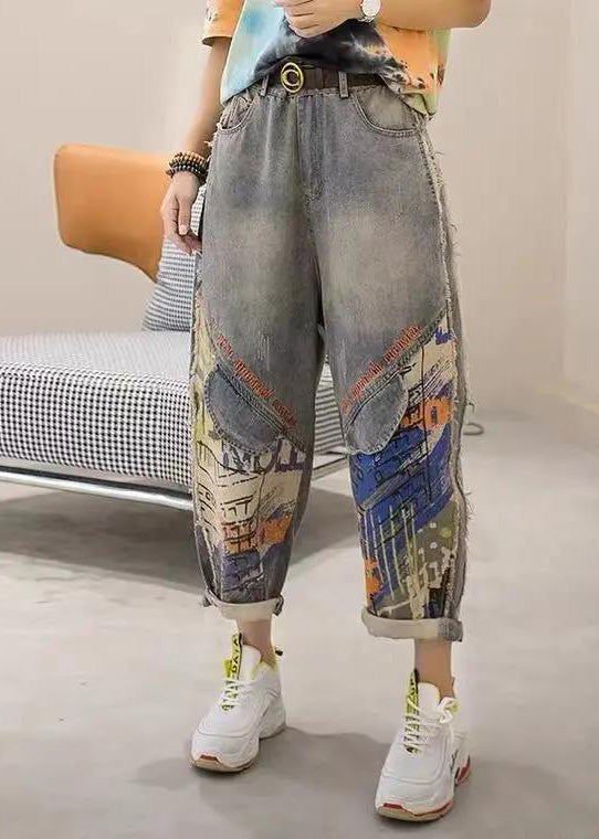 Fashion Light Blue Print Patchwork Sashes High Waist Crop Jeans Summer TY1091 - fabuloryshop