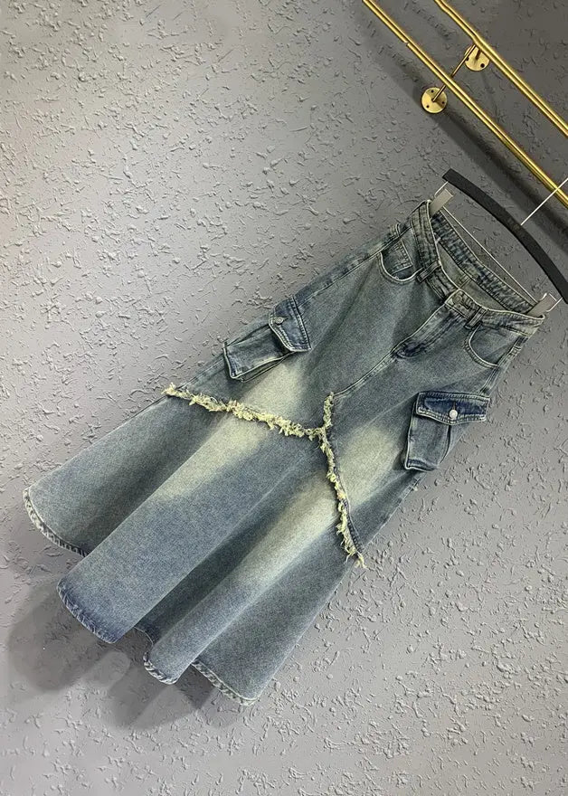 Fashion Light Blue Tasseled Pockets Patchwork Denim Skirt Fall Ada Fashion