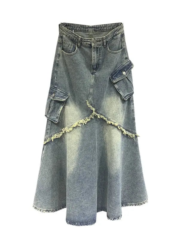 Fashion Light Blue Tasseled Pockets Patchwork Denim Skirt Fall Ada Fashion