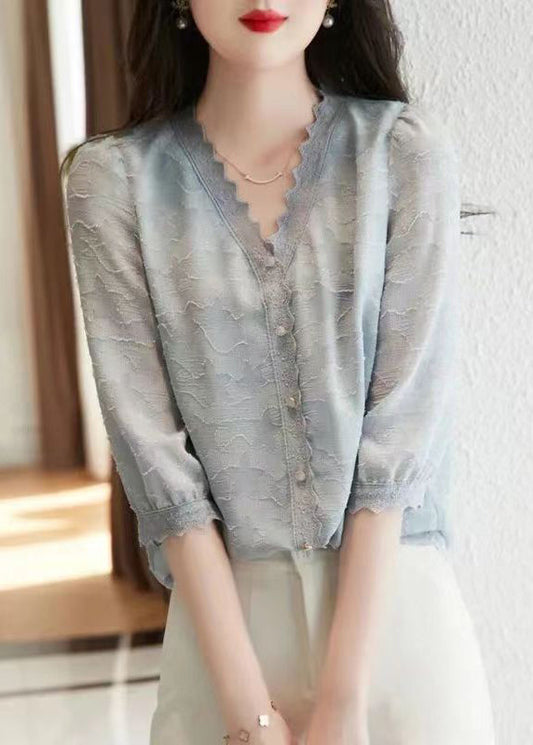 Fashion Light Blue V Neck Button Cotton Shirt Tops Half Sleeve Ada Fashion