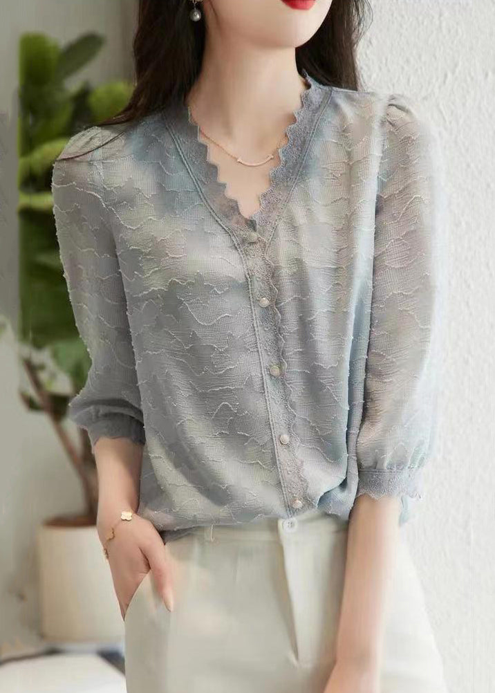 Fashion Light Blue V Neck Button Cotton Shirt Tops Half Sleeve Ada Fashion