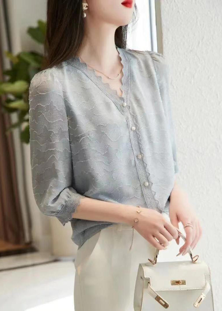 Fashion Light Blue V Neck Button Cotton Shirt Tops Half Sleeve Ada Fashion