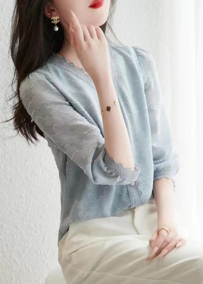 Fashion Light Blue V Neck Button Cotton Shirt Tops Half Sleeve Ada Fashion