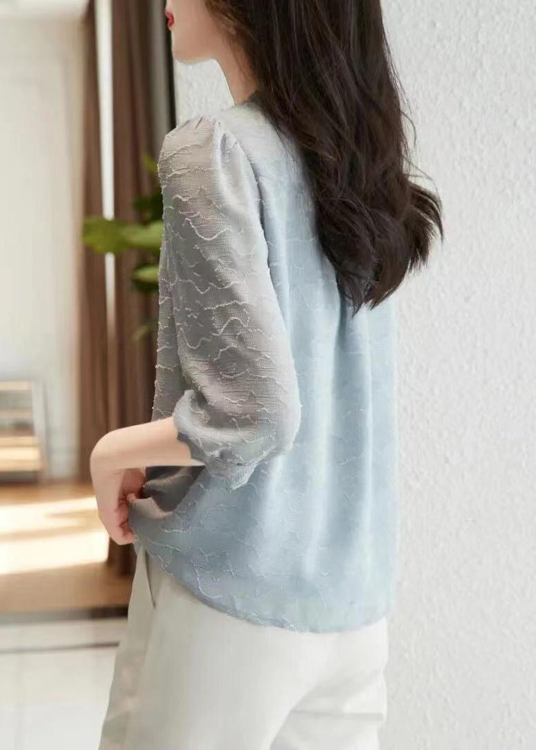 Fashion Light Blue V Neck Button Cotton Shirt Tops Half Sleeve Ada Fashion